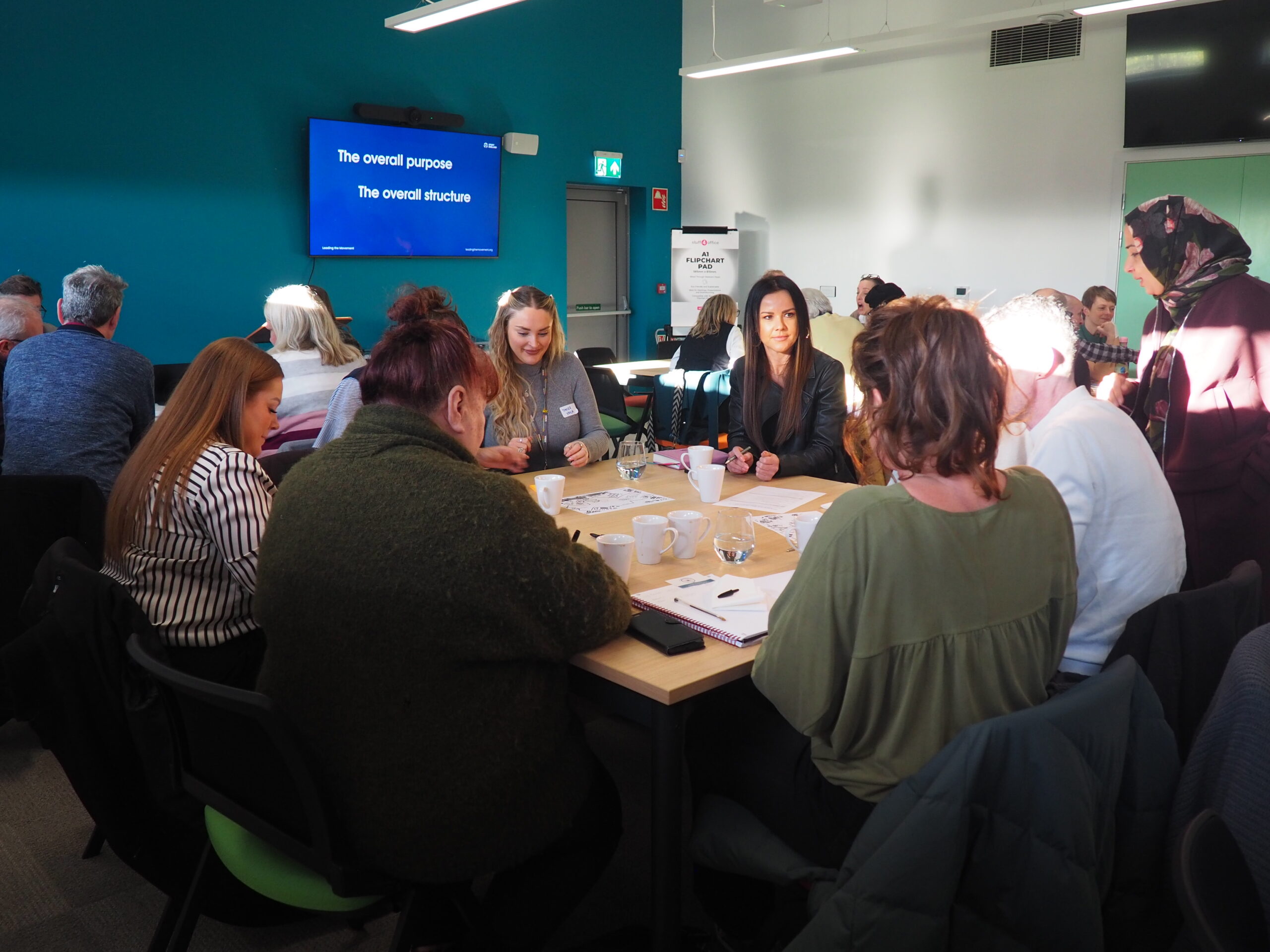 Participants seated at tables taking part in a collaborative workshop with a presentation on screen.